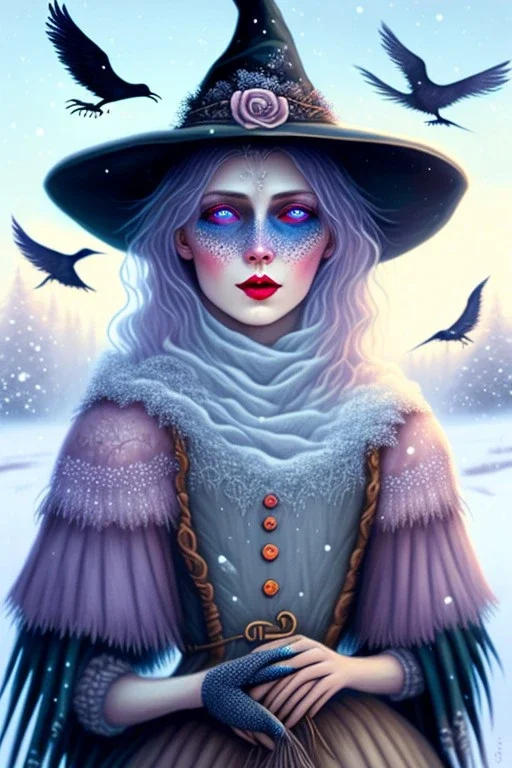 Friendly witch, playing with crows, perfect eyes, pastel colours, snow, style Elisabeth Kreitz