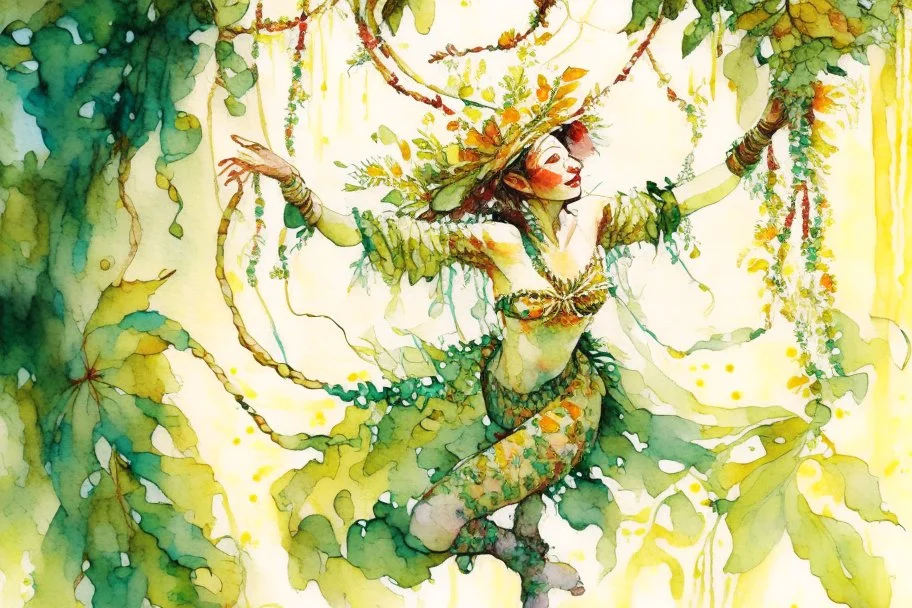 a lush jungle, a woman dressed in embroidered folk costume with a beaded bonnet on her head holding on to a vine with one hand while swinging across and reaching for the next vine with the other, dynamic movement, sunshine, watercolor and ink, oil on canvas