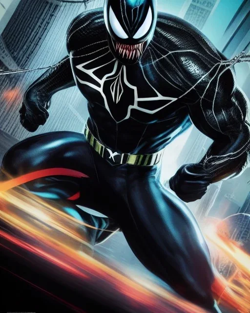 mavel comic book venom, symbiote, web swinging, open mouth, oversized mouth, long teeth and tongue, highly detailed, hyper-detailed, beautifully color-coded, insane details, intricate details, beautifully color graded, Cinematic, Color Grading, Editorial Photography, Depth of Field, DOF, Tilt Blur, White Balance, 32k, Super-Resolution, Megapixel, ProPhoto RGB, VR, Halfrear Lighting, Backlight, photorealistic rendering