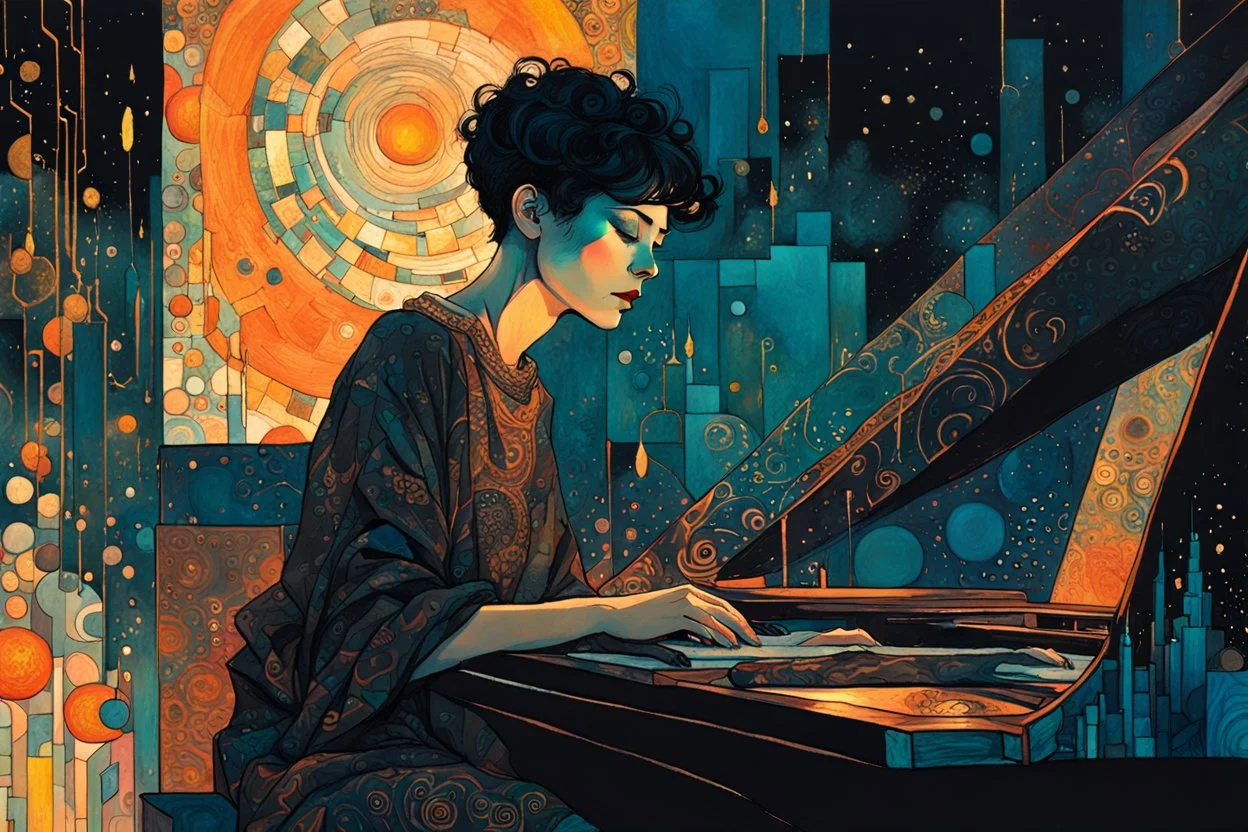 create an abstract expressionist, highly ethereal, darkly magical illustration of a deeply sorrowful, woman with short cropped hair, at her piano in a smokey nightclub, with highly detailed and deeply cut facial features, in the style of GUSTAV KLIMT, PABLO PICASSO, combined with the comic art style of BILL SIENKIEWICZ and JEAN GIRAUD MOEBIUS, searing lines and forceful strokes, precisely drawn, boldly inked, and darkly colored