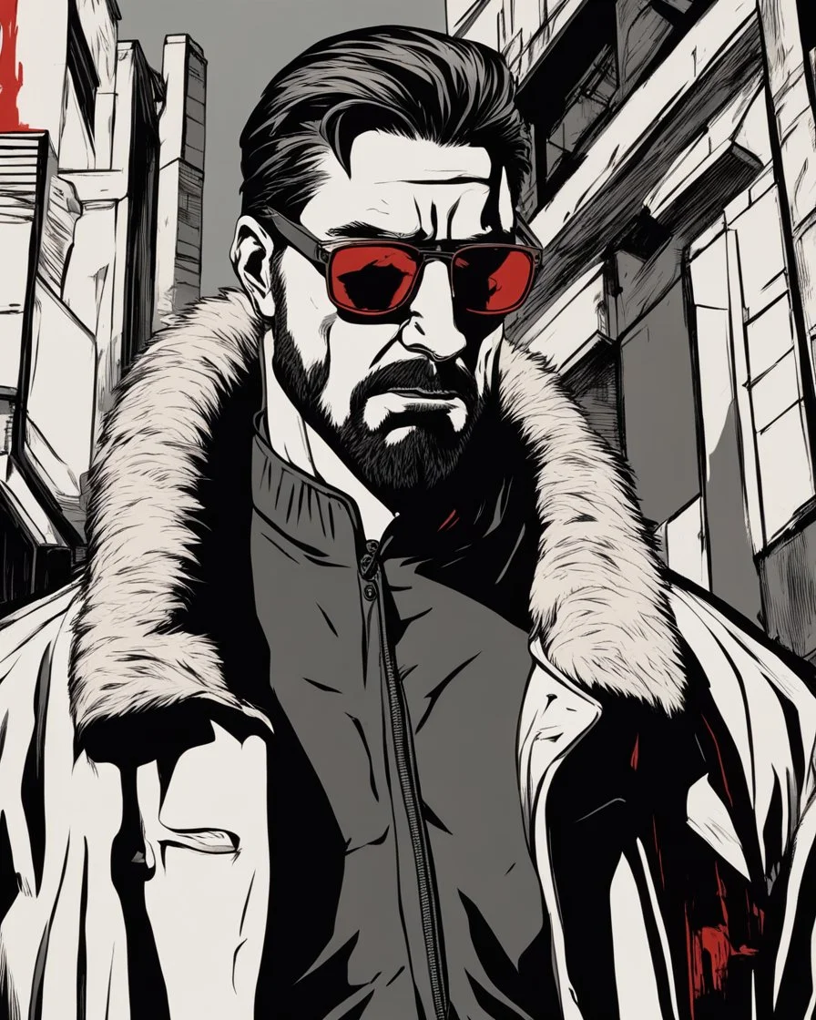 a young man with big muscles who looks like hans gruber wearing a heavy coat and red sunglasses staring with an irritated look on his face