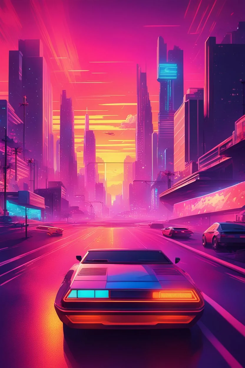 A cinematic photo of Sunset Drive, bathed in warm, neon-lit hues, evoking the nostalgia of Retrowave and 8Bit eras, with bold, geometric shapes and vibrant, electric colors, set against a backdrop of a fiery, synth-heavy sunset, with sleek, futuristic cars speeding by, leaving trails of light, amidst a futuristic cityscape, infused with a sense of retro-futurism, and a hint of digital glitch, with bold, contrasting highlights and deep, rich shadows, capturing the essence of Synthwave's retro-uto