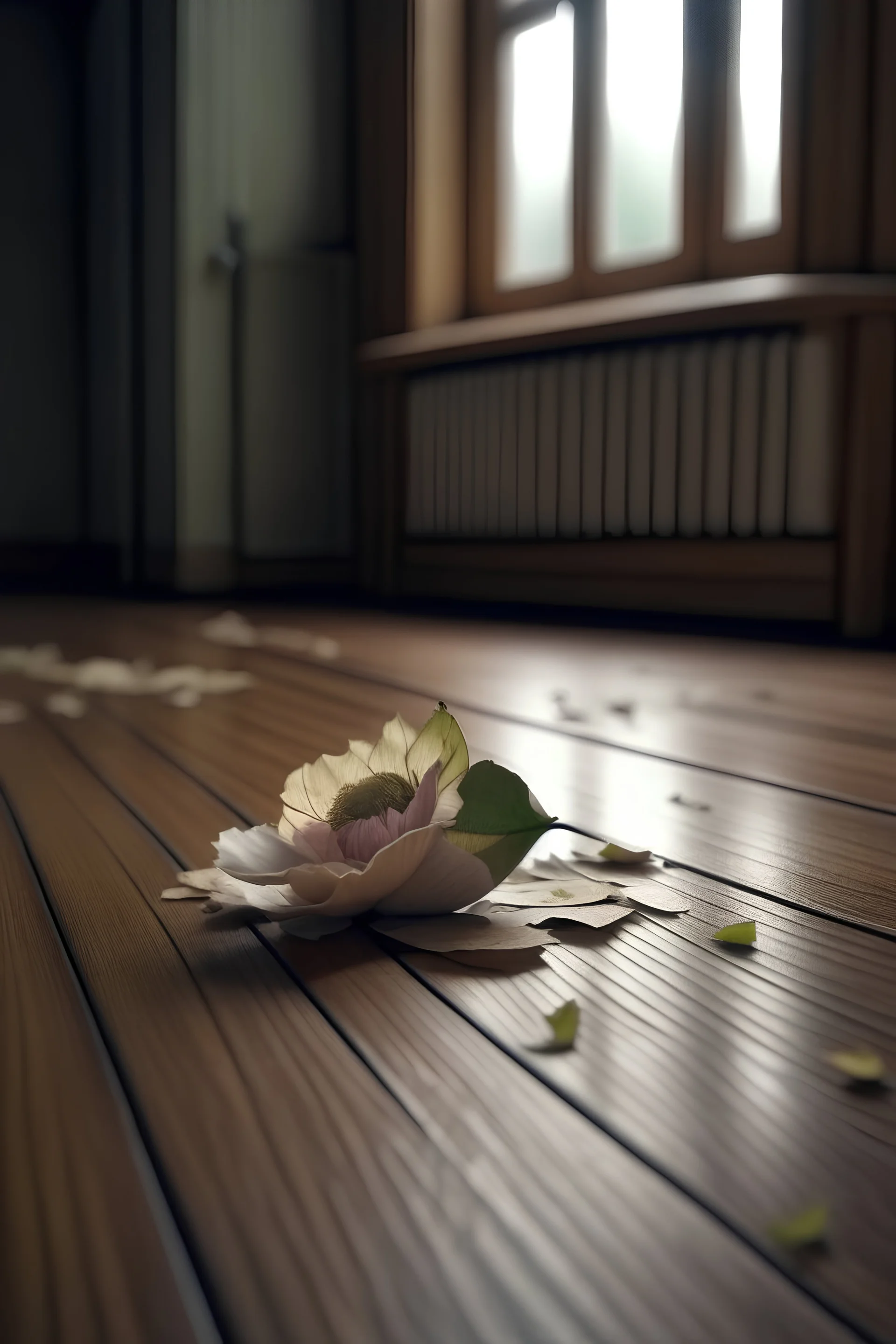 Wilted petal on wooden floor, window behind, camera, ignoring the flower, hd, realism, hdr, 4k, leica, fujifilm, dslr, cinematic