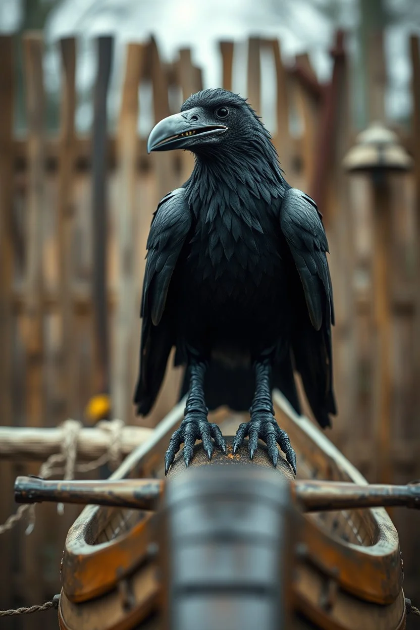 smilende zombie crow på vikingbåt av tre foran et kastanjegjerde in the style of giger and fallout 4 ,,bokeh like f/0.8, tilt-shift lens 8k, high detail, smooth render, down-light, unreal engine