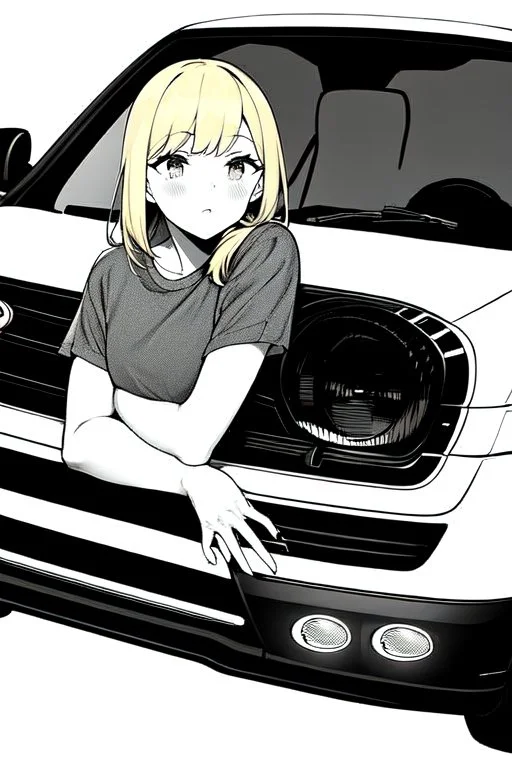 blonde young girl inside car, greyscale