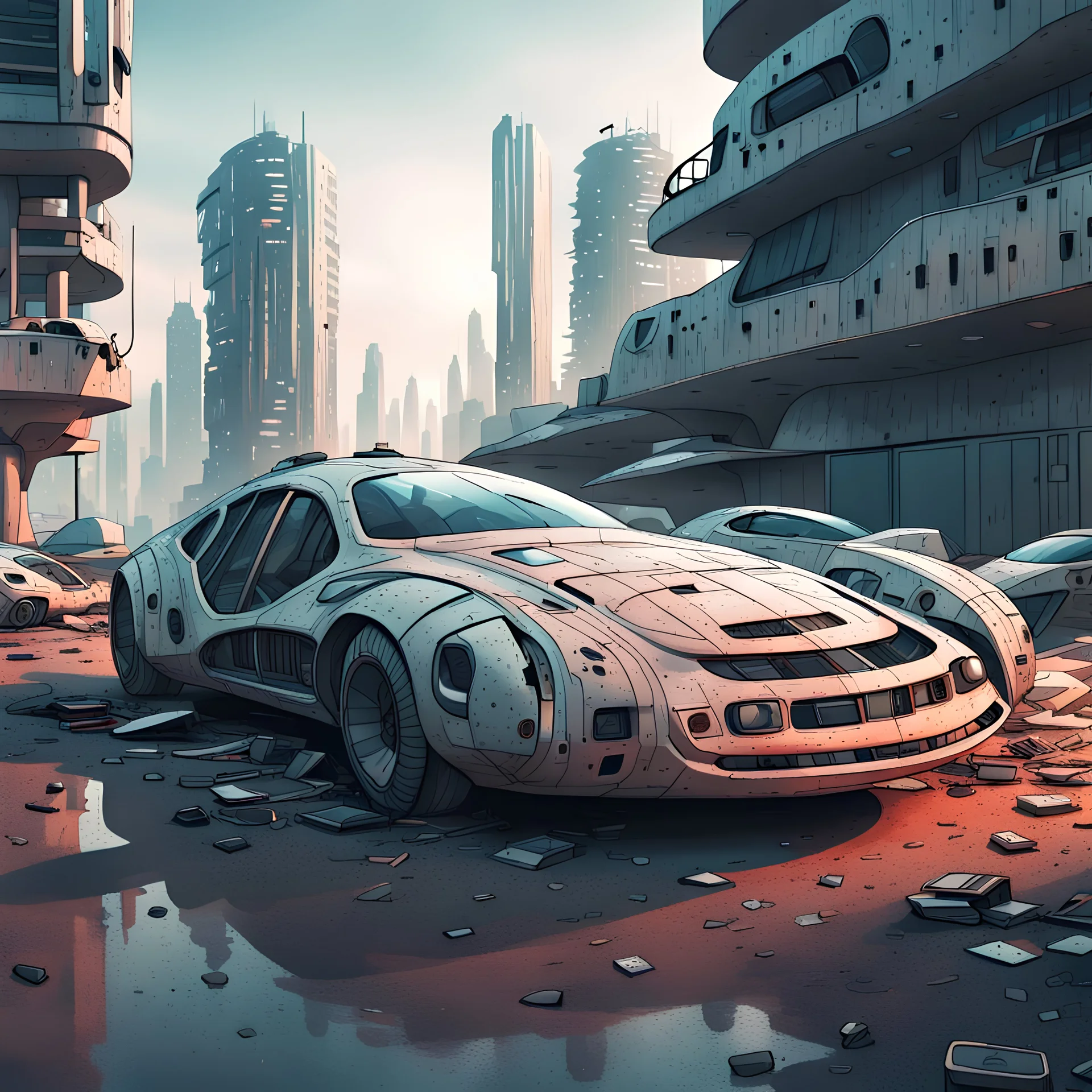 Opuštěný futuristický automobil s mnoha detaily na špinavém parkovišti na okraji futuristického města, cel shading, ráno