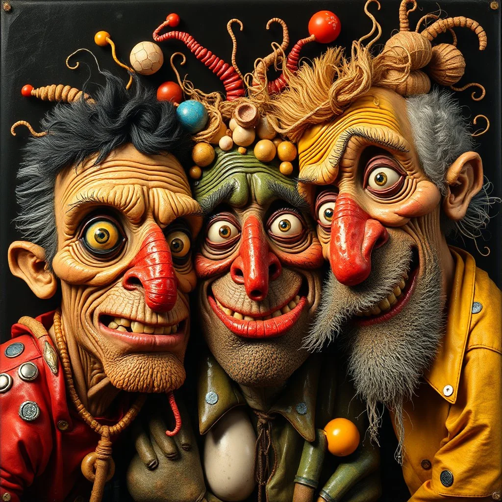 The oddest and funniest coagulation and mixture of friends, glossy finish, details very accentuated, stunning style, oniric, Max Ernst, hyperphotography, blatant, gross, caricature, very funny