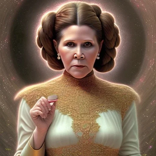 hyperspace background, complete and photo realistic detailed head to waist stunning photo realistic portrait of carrie fisher as Princess Leia in star wars with photo realistic hairstyle by Mandy Jurgens and mucha and Richard Schmid and chuck close and chie yoshii, extraordinary and detailed ceremony dress of star wars,brown eyes