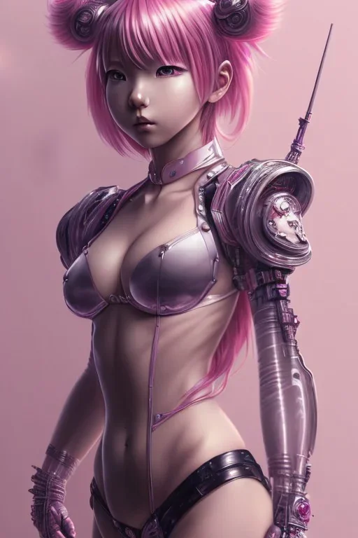 Detailed cute anime Kunoichi girl, pink hair buns, pink bangs, black latex bodysuit, intricate details, full body portrait, keep head in frame, slight smile, black Japanese motif, concept art, highly detailed, digital painting, concept art, sharp focus, illustration, art by Yoji Shinkawa, WLOP and greg rutkowski and alphonse mucha and artgerm and yanjun Chen and Junji ito and Makoto Shinkai, HDR, octane render