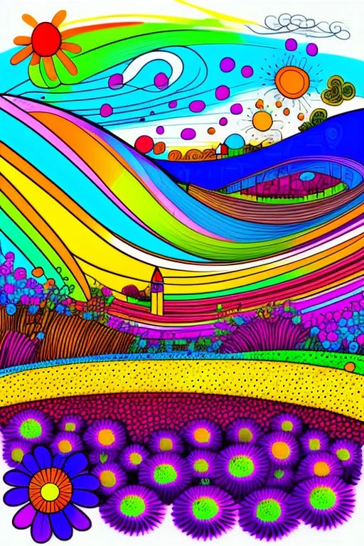 A field of colorful flower, the return to innocence, abstract, weird, childlike, chaos80, colors splash, Italian village, fine line draw style
