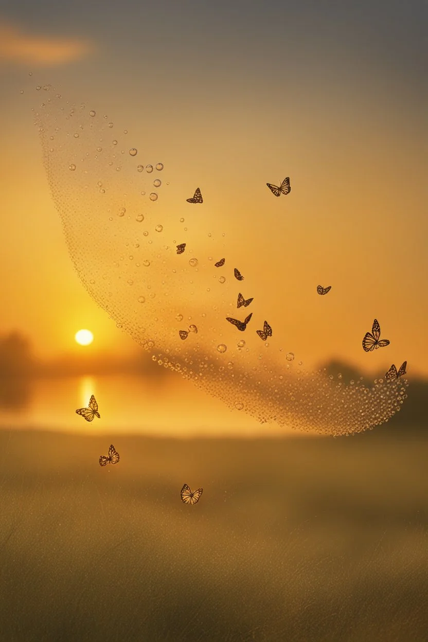 Bubbles and Butterflys flying to the sky at sunset