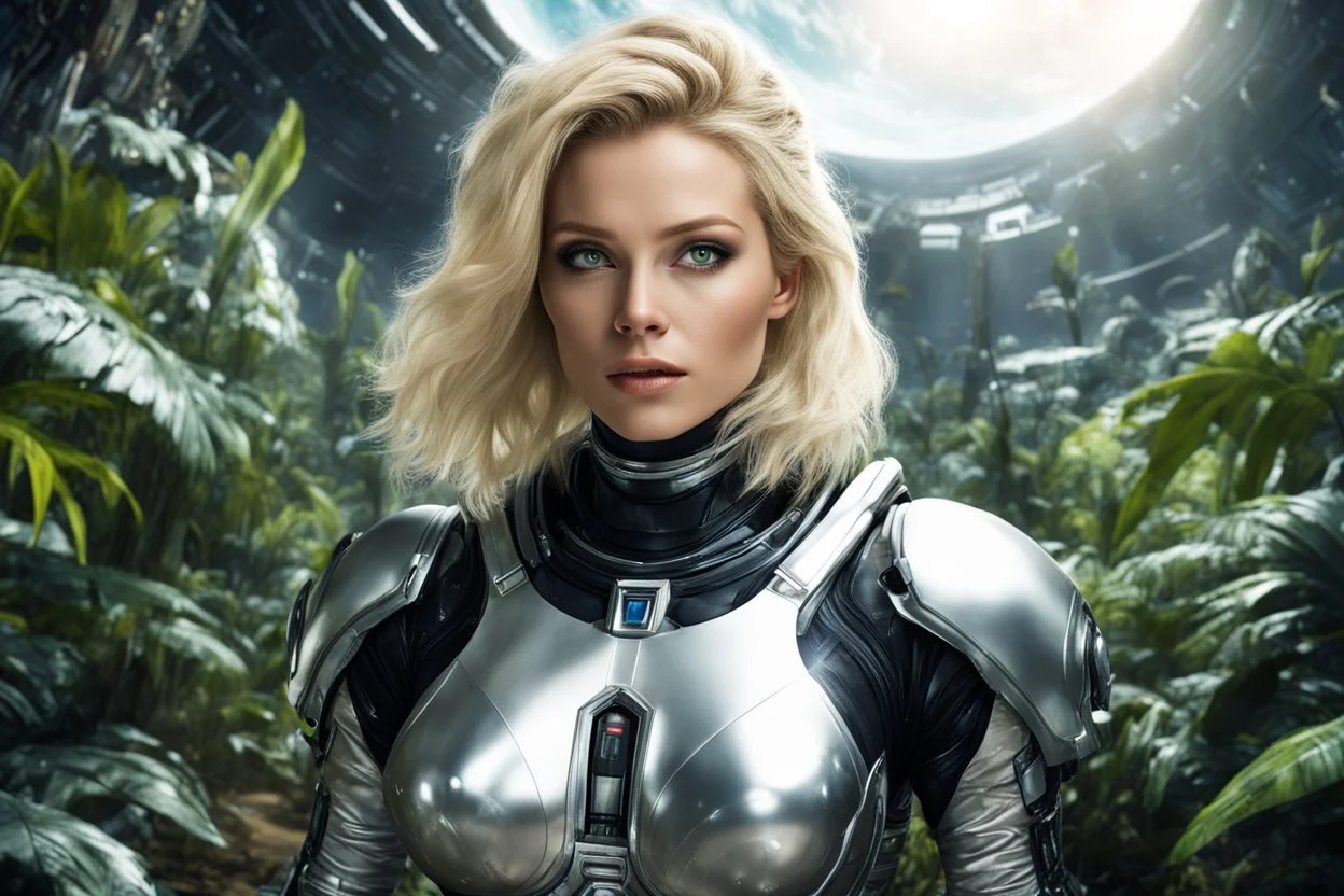 wide-angle Photo of a Sci-fi woman, with blond hair, wearing a silver and black spacesuit looking like an android, on an alien jungle planet