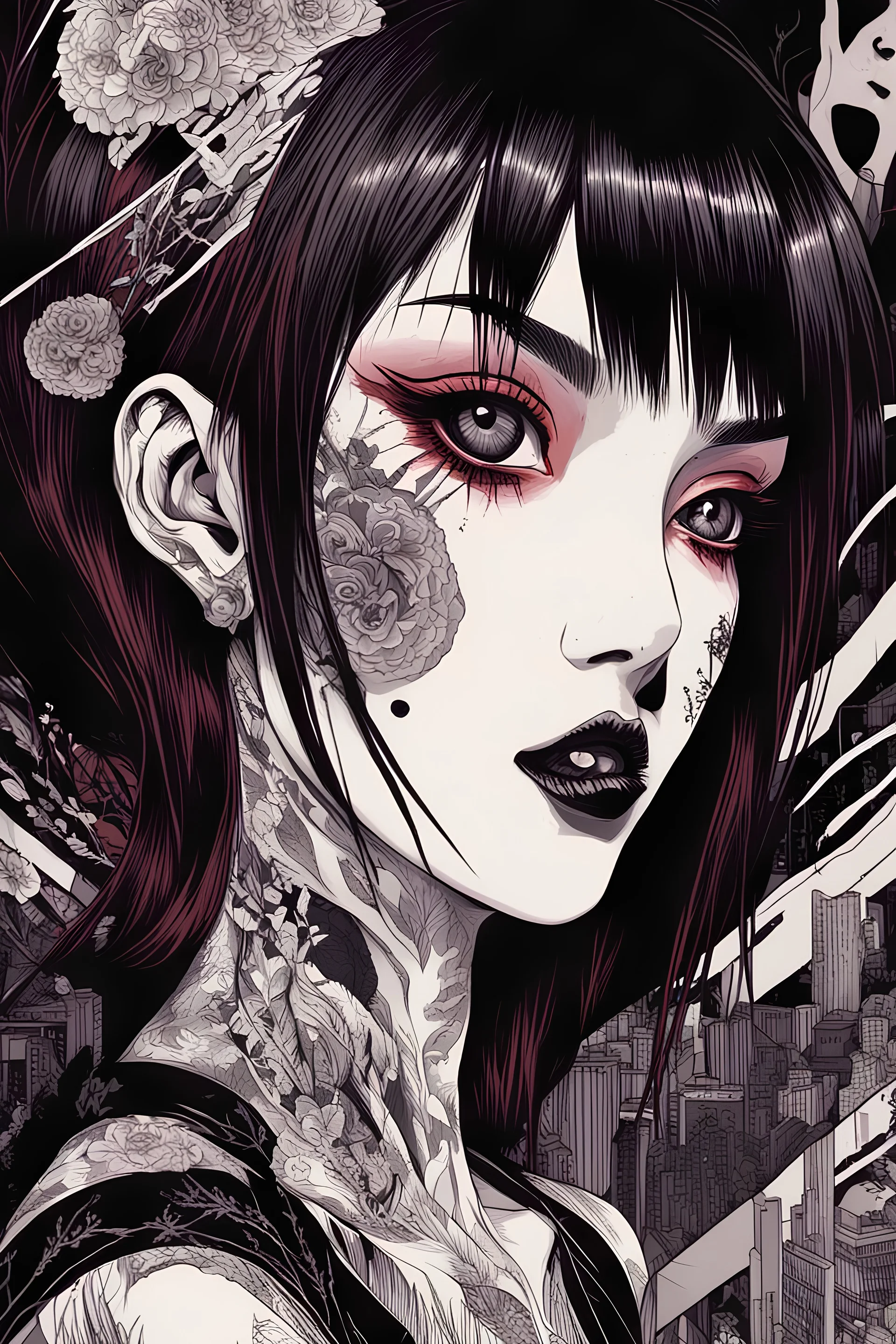 beautiful punk girl, one side Junji Ito style, and one side illustration by <kilian eng> darkred tones,high detailed,