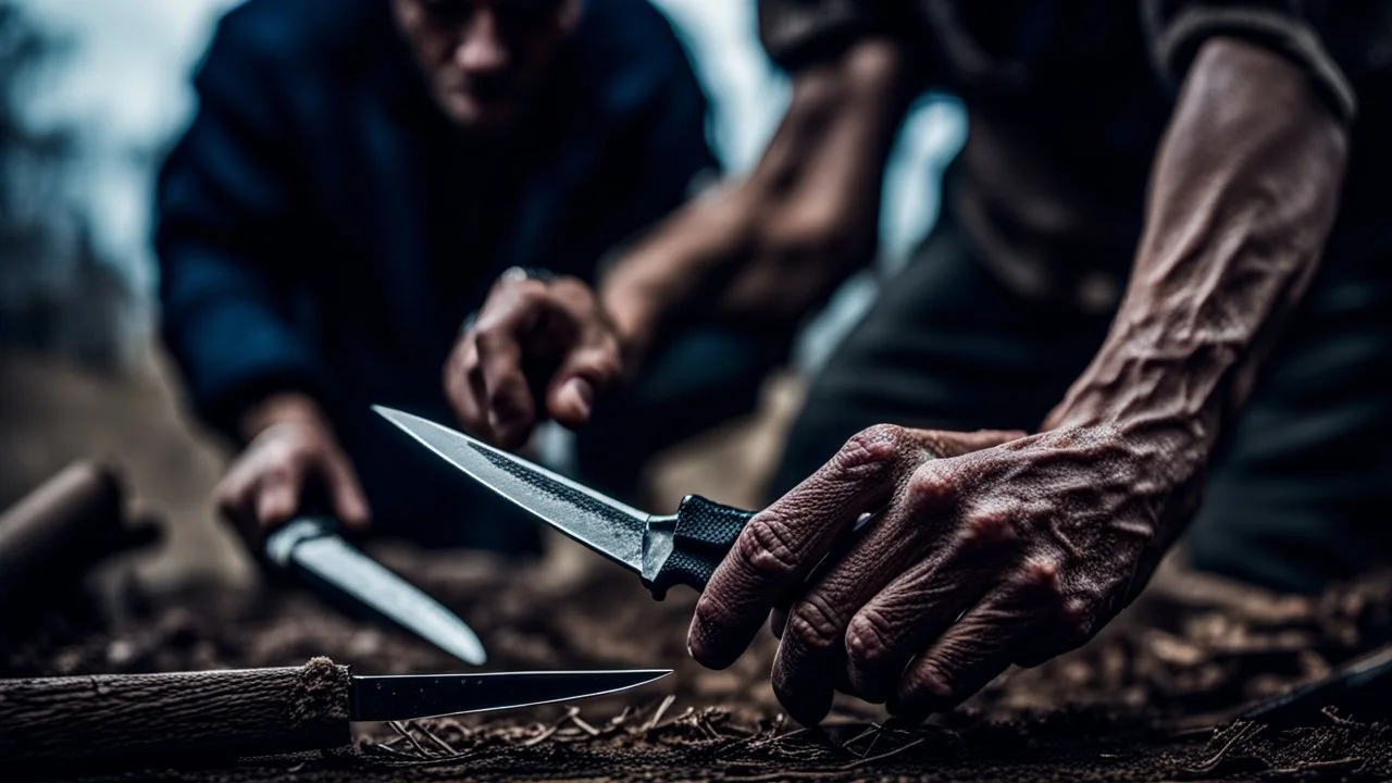 close up photo frrom large male hands sharpen a knife with another knife , high detailed, sharp focuses, photorealistic, in background blur villager place, snowy yard