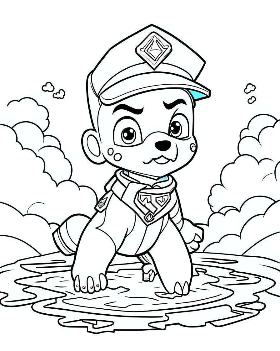 outline art for Paw Patrol swimming coloring page, Japanese manga style, cartoon style, cute face, white background sketch style, full body is a must, only use outline, clean line art, no shadow, bold outline