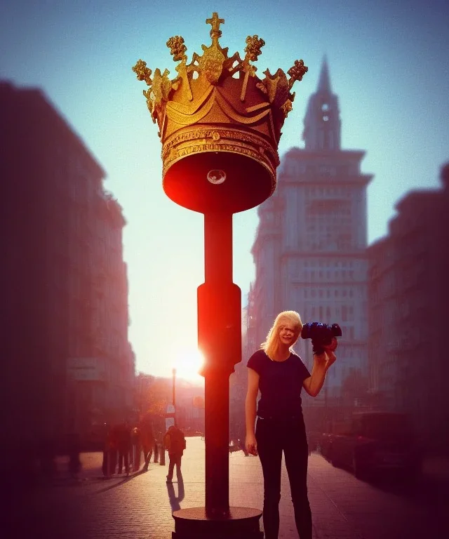 Statue of Queen of photography. Cute blonde woman. Photographer in golden crown. Standing on the street. Big camera in her hand. hyperdetailed, photorealistic, trending on artstation, greg rutkowski, beksinski, kodachrome, lomography, golden hour, bokeh, volumetric light