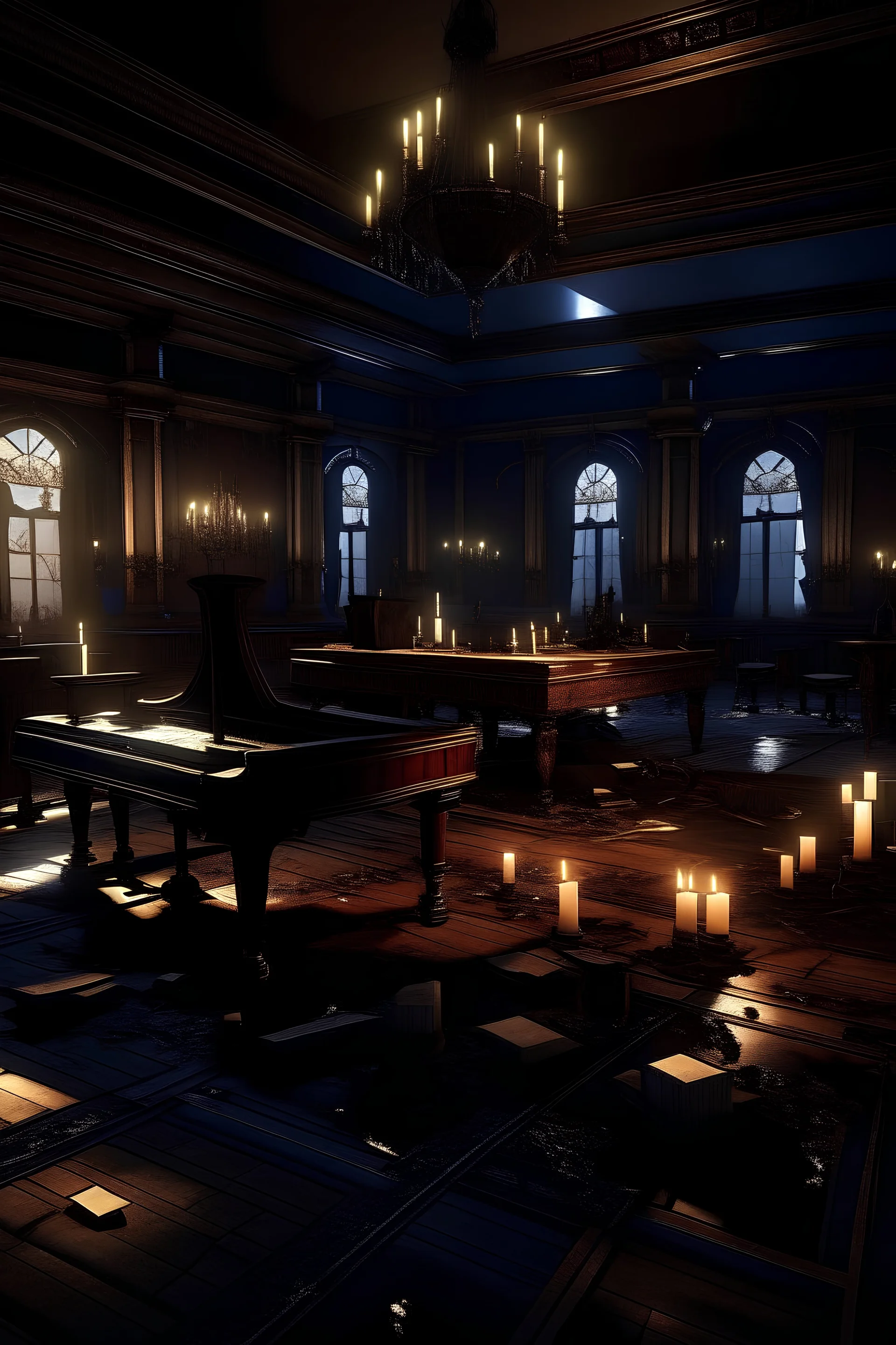 nighttime ballroom. The lighting inside the ballroom has been lowered, with only a few faint candle lights dotting the space to creates a mysterious and unsettling atmosphere. some notes or documents on the piano. some shattered wine glasses, there are little blood on floor, a gun lies abandoned on the floor, indicating the intensity of the conflict. Near the candelabrum, there are some unlit candles, creating an atmosphere of incompleteness, indicating the sudden occurrence of the event.