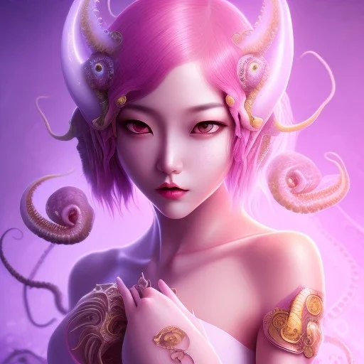  Asian woman, leaning pose, slobber octopus , pink short hair, latex suit, full body, squid, intricate detail , portrait, high lighting, Gradient background,nice end of darkness Dark Woman Little Horns Little Horns Sad Eyes dual soul fire girl soul fire cute realistic hell Dark Realistic Cute