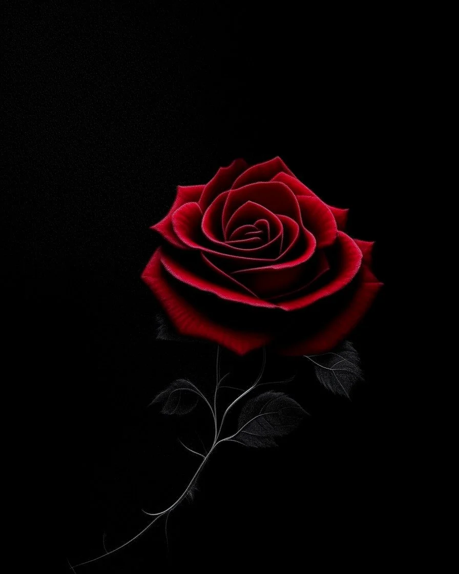 Deep red rose, black background, linear shapes