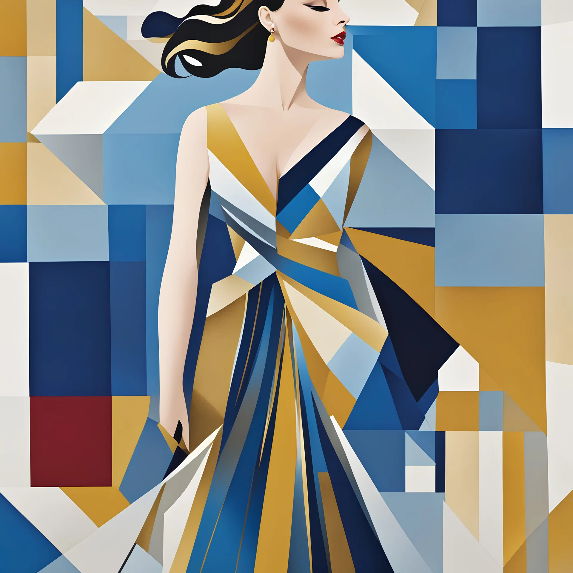 generates an abstract image that blends aegean aesthetics with a modern style,emphasizing a woman's figure.She uses stylized geometric shapes inspired by Italian monuments, with a bold color palette and touches of blue and gold. Integrate flowing lines that recall contemporary fashion and fit a woman's figure into an elegant dress.Add abstract touches inspired by greek squares.