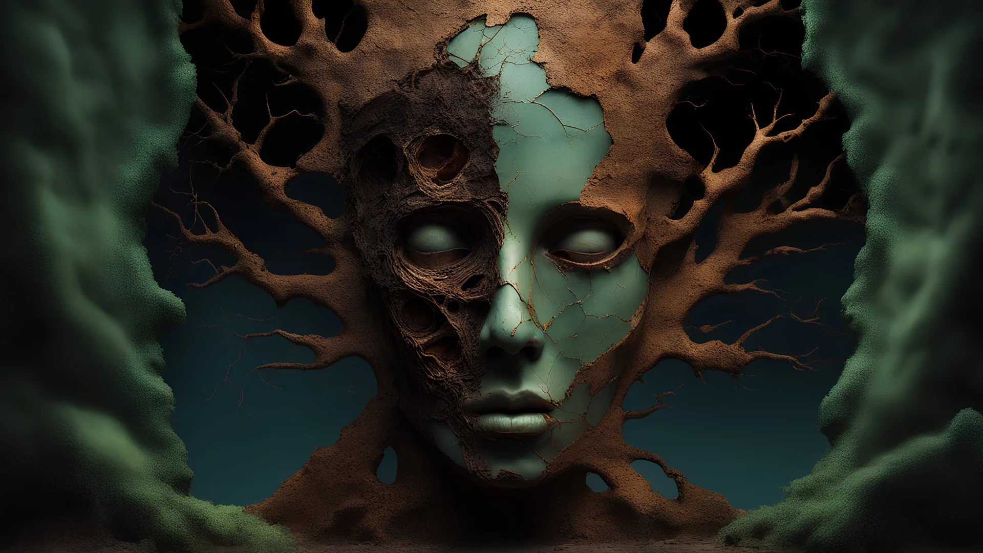 Skin bones stone face, dystopian environment, a forest can be seen through a hole in the side of the head, cracks and peeling in the face, a brain from another time, a divided mind, a portal to the distant future. Deep contrasting colors. Surrealism and abstraction by Oscar Domínguez