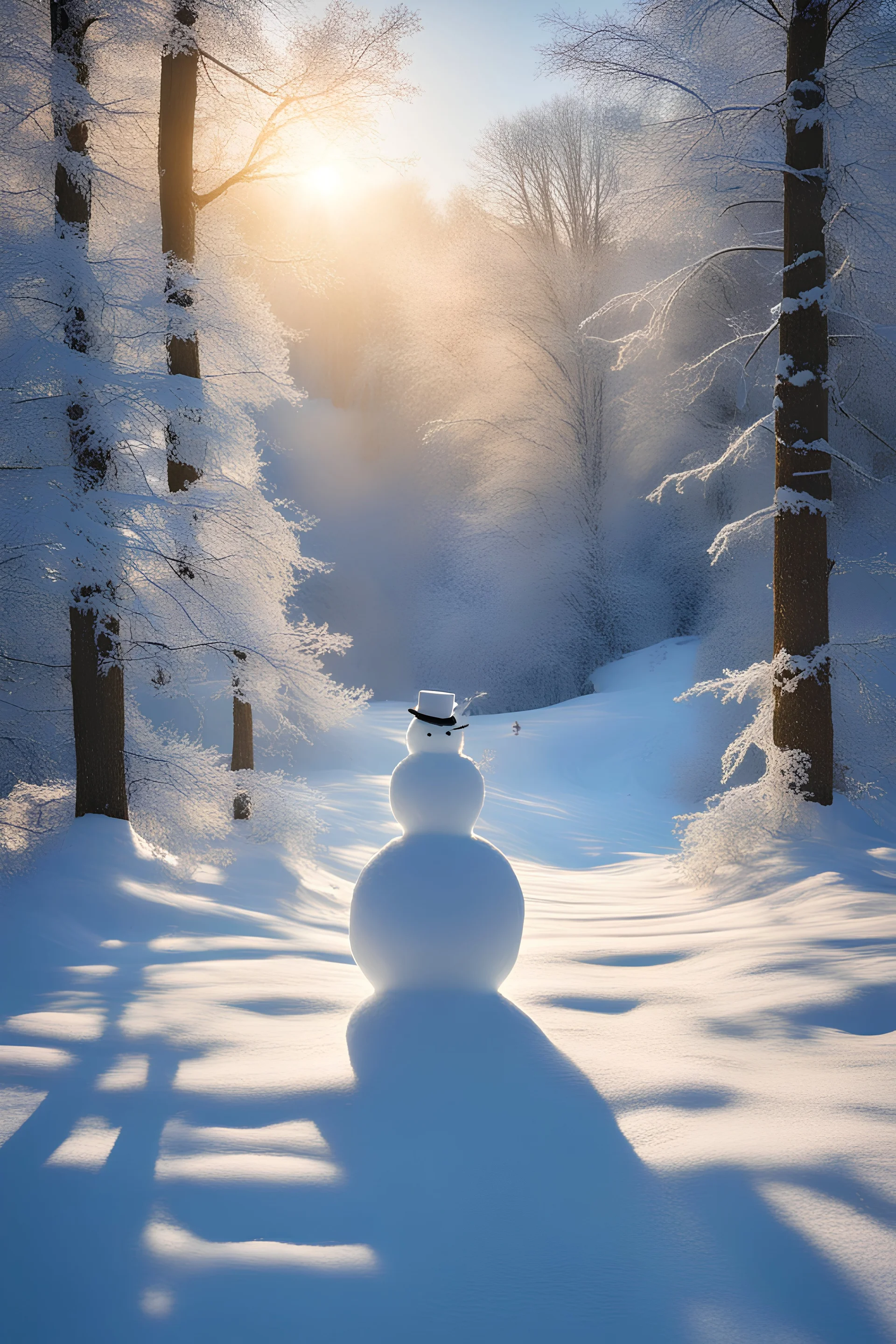 In winter's embrace, a snowman stands tall, Adorned in white, where shadows gently fall. A cottage nearby, nestled in the frosty air, Morning sunlight dances, painting colors rare. The world awakens with a whimsical grace, A timeless scene, a moment frozen in space.