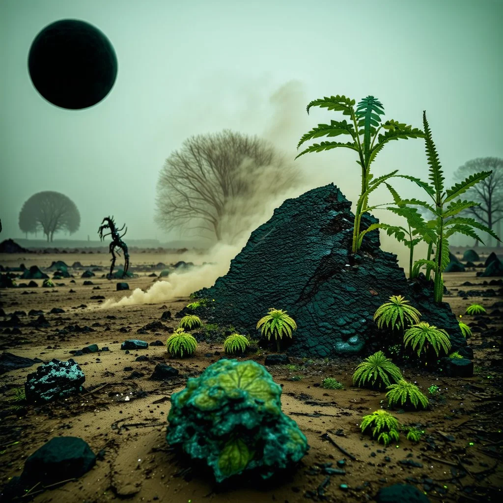 A striking quality Kodak photograph captures a wasteland with monsters and group of plants, creepy, details of the dust very accentuated, glossy organic mass, adorned with minerals and rocks. Bathed in intense light, eerie, Max Ernst style, black sun, fog