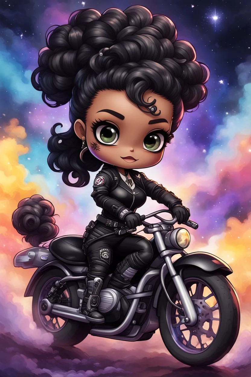 Create a galaxy art illustration of a chibi cartoon full figure black female riding a sports motorcycle. She is wearing tie dye and black tights with biker boots. Prominent make up with log lashes and hazel eyes. Extremely highly detailed black shiny wavy hair up in a messy bun. Background of smoke surrounding her and the bike and she's at a bike show.