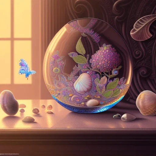 a glass slipper, a hyperrealistic photo, transparent body, crystal, shells, pastel colours flowers and leaves transparent, professional light, rock, rococo, Artstation, intricate detail realism hdr, intricate detailed 8 k, with ornate jewelled, intricate detailed 4 k