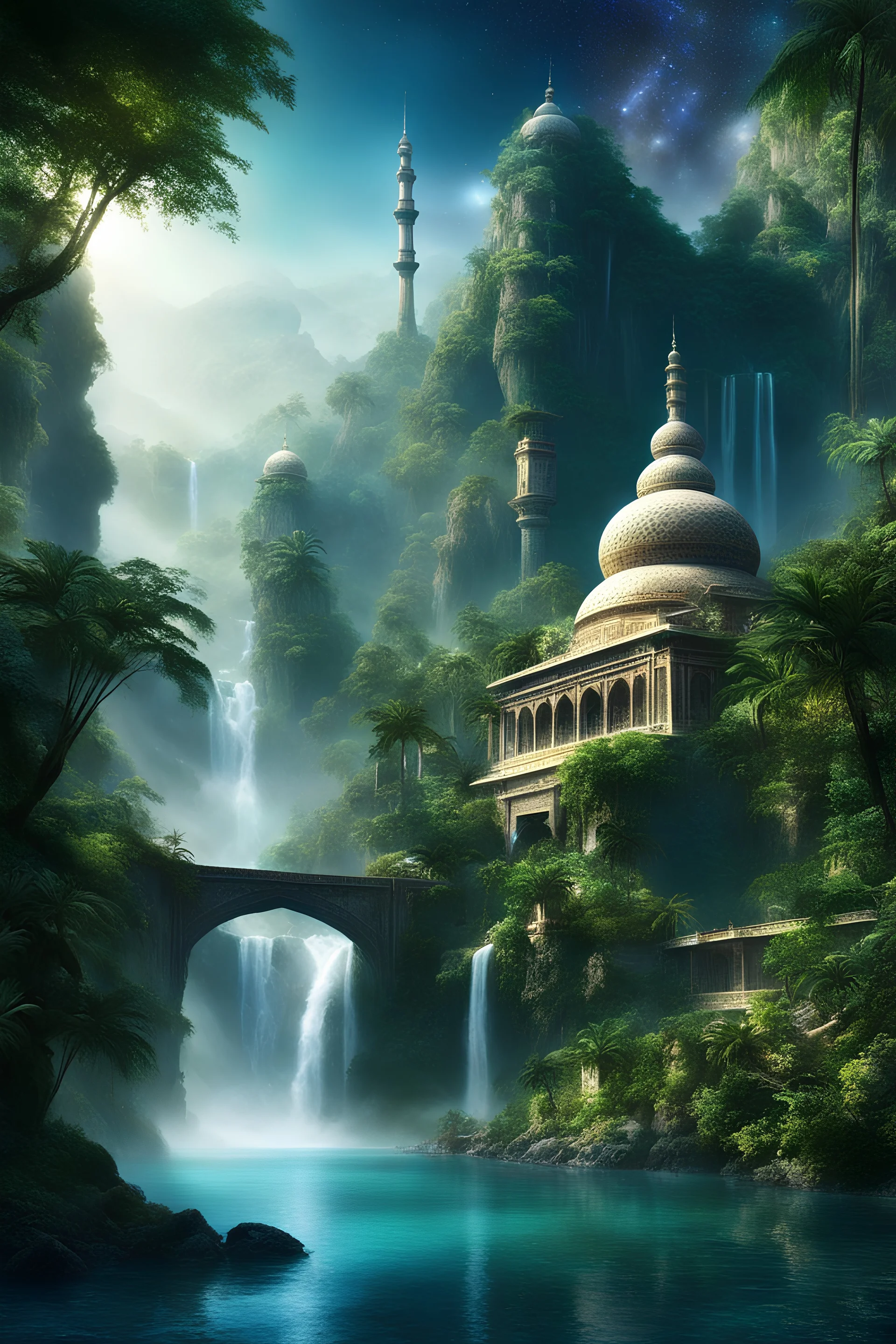 Fantasy Art islamic Mosque,the waterfall in rocky cliff, the ocean fantasy In my mind bows,in the jungle , new style collonades for meditation palace built in the jungle , mountains. space color is dark , where you can see the water and smell the smoke, galaxy, space, ethereal space, cosmos, panorama. Palace , Background: An otherworldly planet, bathed in the cold glow of distant stars.