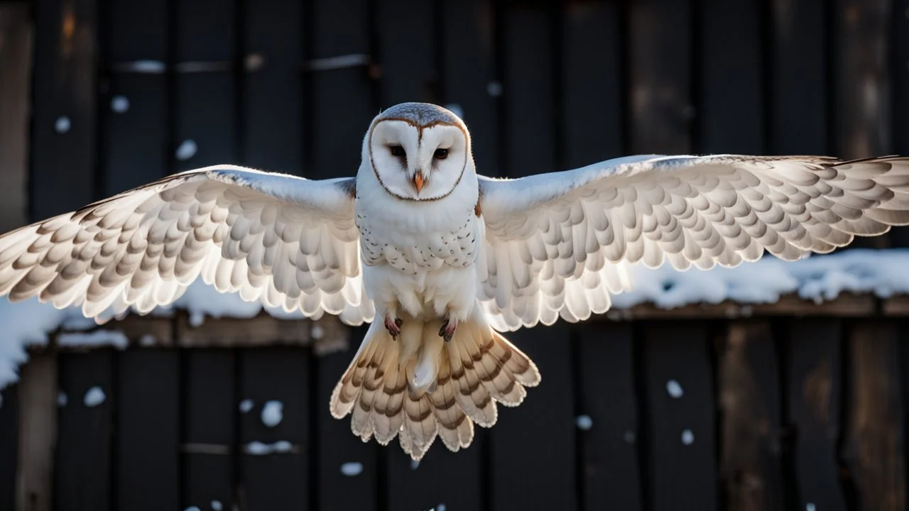 angel's view back to the camera a barn owl flying over a small winter village, snowy landscape, little light, sunrise, some small Hungarian old country houses from above, perspective, high detailed, sharp focuses, photorealistic, cinematic