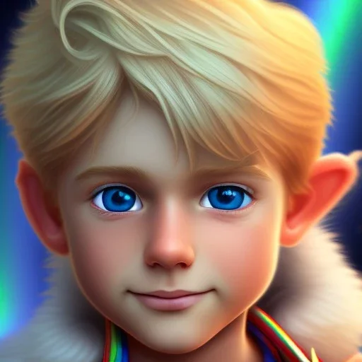 front close up view of cute little blond boy, blue eyes with pixar style, background rainbow