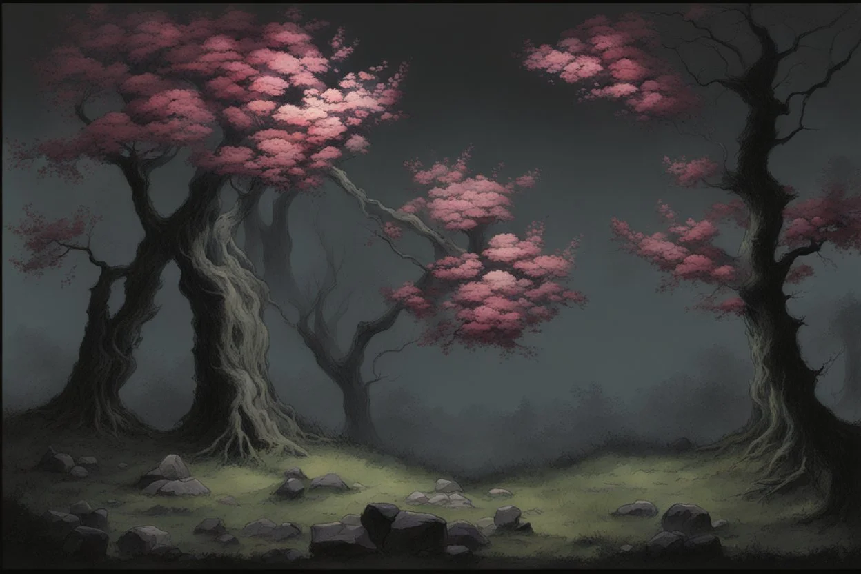 Night, trees, flowers, japanese manga style, horror gothic fantasy spring, rocks, friedrich eckenfelder paintings