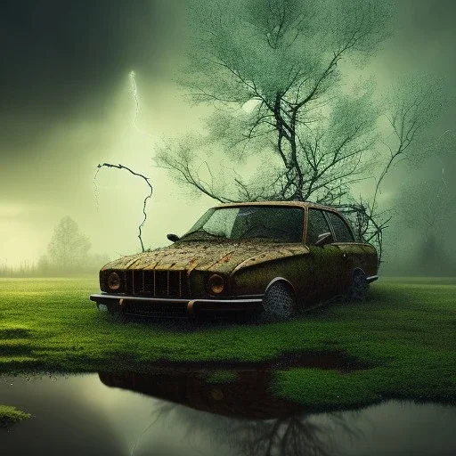 hyperrealistic shot, rusting and moss covered computer, earth color palette, sharp focus, puddle reflection, tire water splash, refraction, rain and lightning on the horizon, shadowcast, detailed and intricate, cinematic composition, tilt shift photography