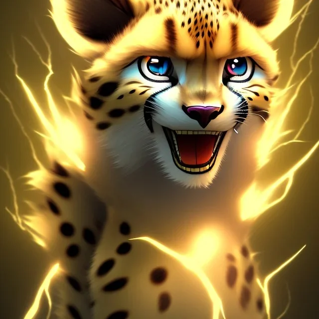 An electric type, Cheetah pokemon, with big width eyes. Lightning bolts as whiskers. Yellow and white fur coverd with blotchy black spots and white paws