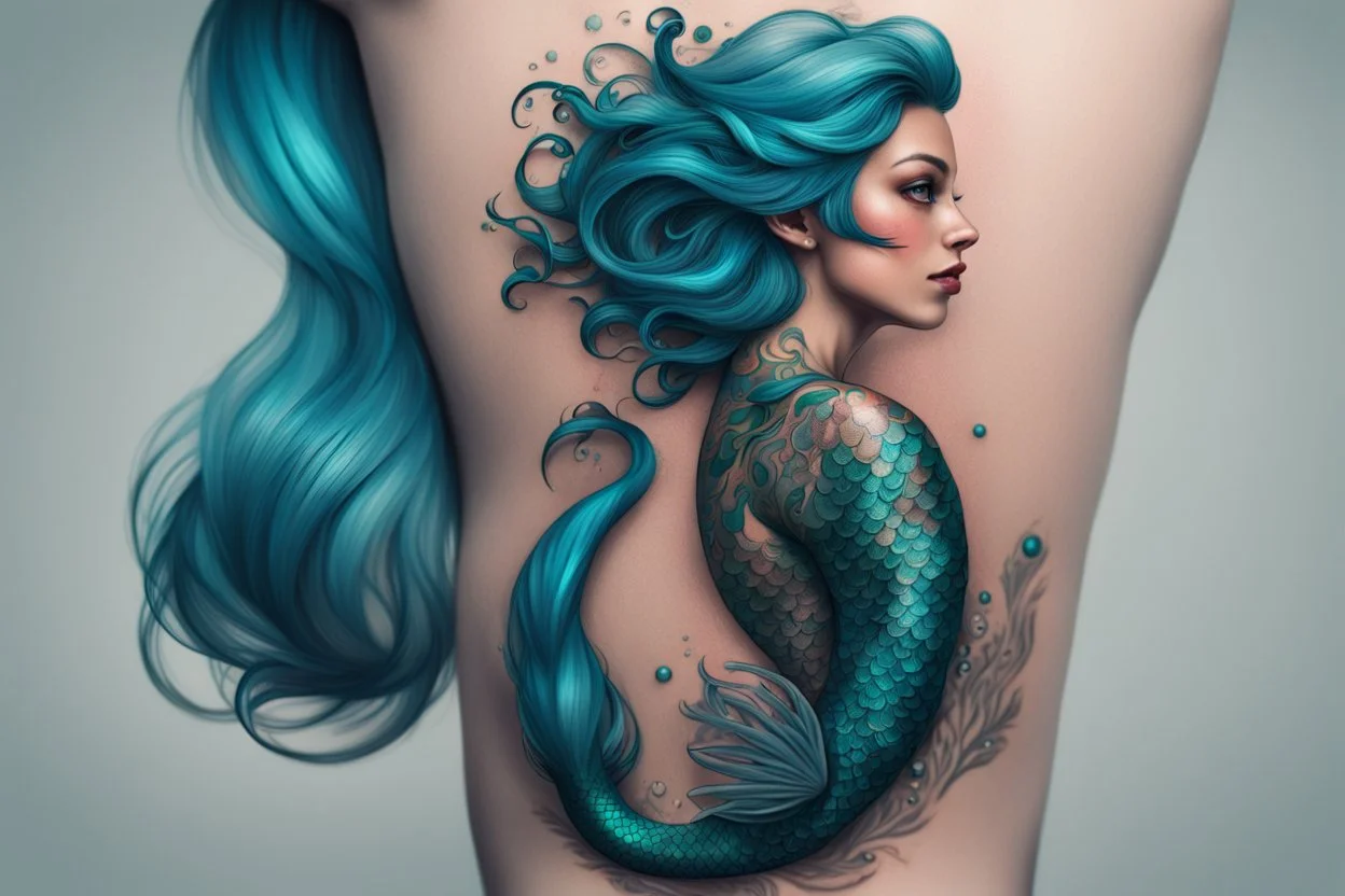 old mermaid, shimmering turquoise tail, tattoo, high resolution, Artstation trends, fine details, 8K