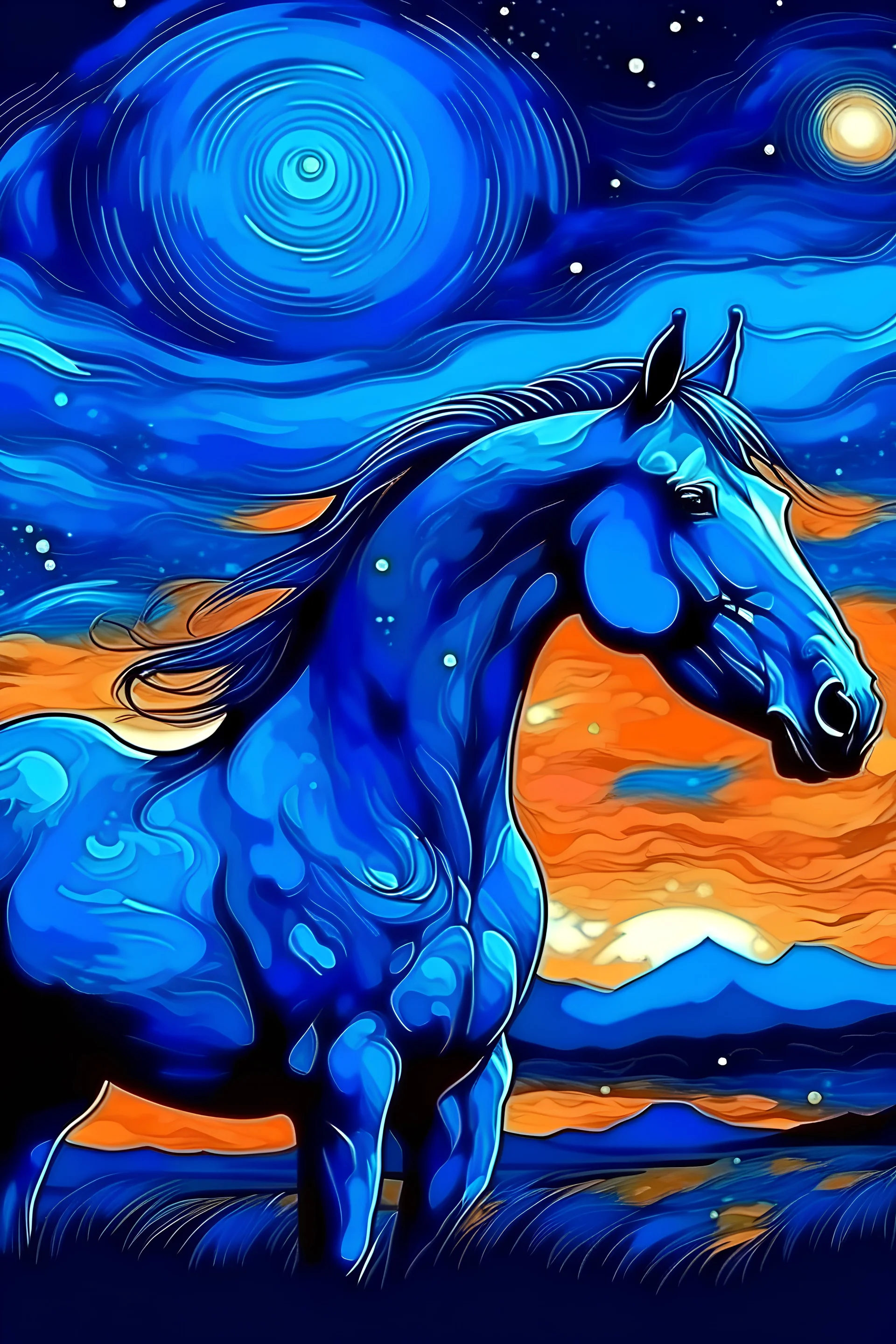 caballo azul magico con anochecer de fondo y un cielo estrellado estilo van gogh