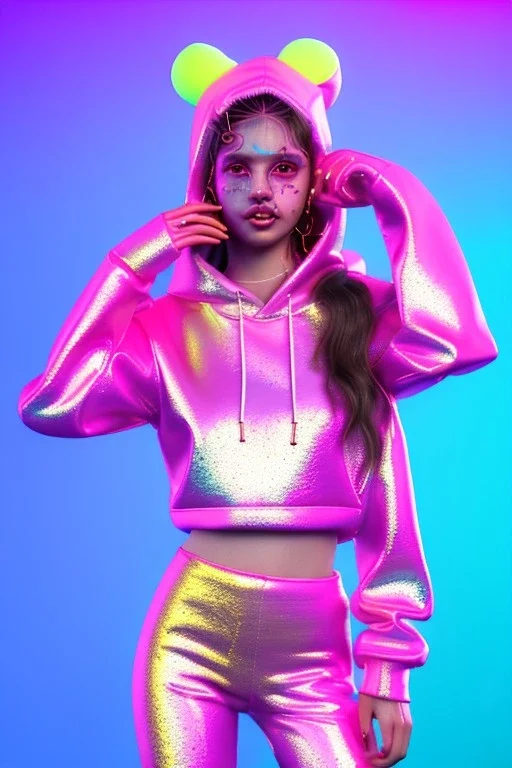 Ultra Realistic image, Rosalía artist, portrait, waist up portrait, long black eye line, sweet face, inflatable hoodie, gold pink and blue style, spray glow make up, led lights, neon, rings piercing nose, led ornament, fog, cold, bubble latex coat, vibrant color, highly detailed, art stations, concept art, smooth, unreal engine 5, god rays, ray tracing, RTX, lumen lighting, ultra detail, volumetric lighting, 3d, finely drawn, high definition, high resolution.