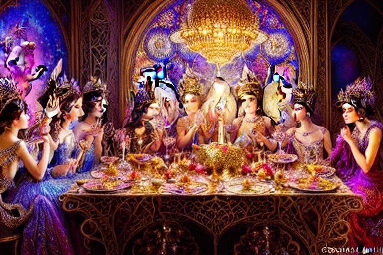 Beautiful symmetrical Fairies dining at a feast, glitter, detailed fractal gems, fractal crystals, intricate, hyperdetailed, complex 3D filigree, ornate, metal, by "Greg Rutkowski" hyper realistic, photorealistic, incredible composition, amazing depth, imposing, 16k, detailed art illustration, vibrant, by "Josephine Wall", "Brian Froud"