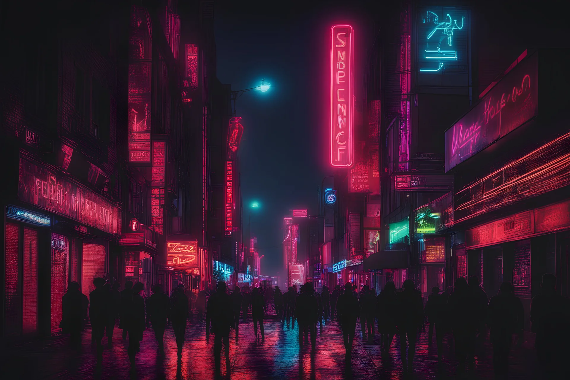 neon lights, city, street, people, gary numan influence
