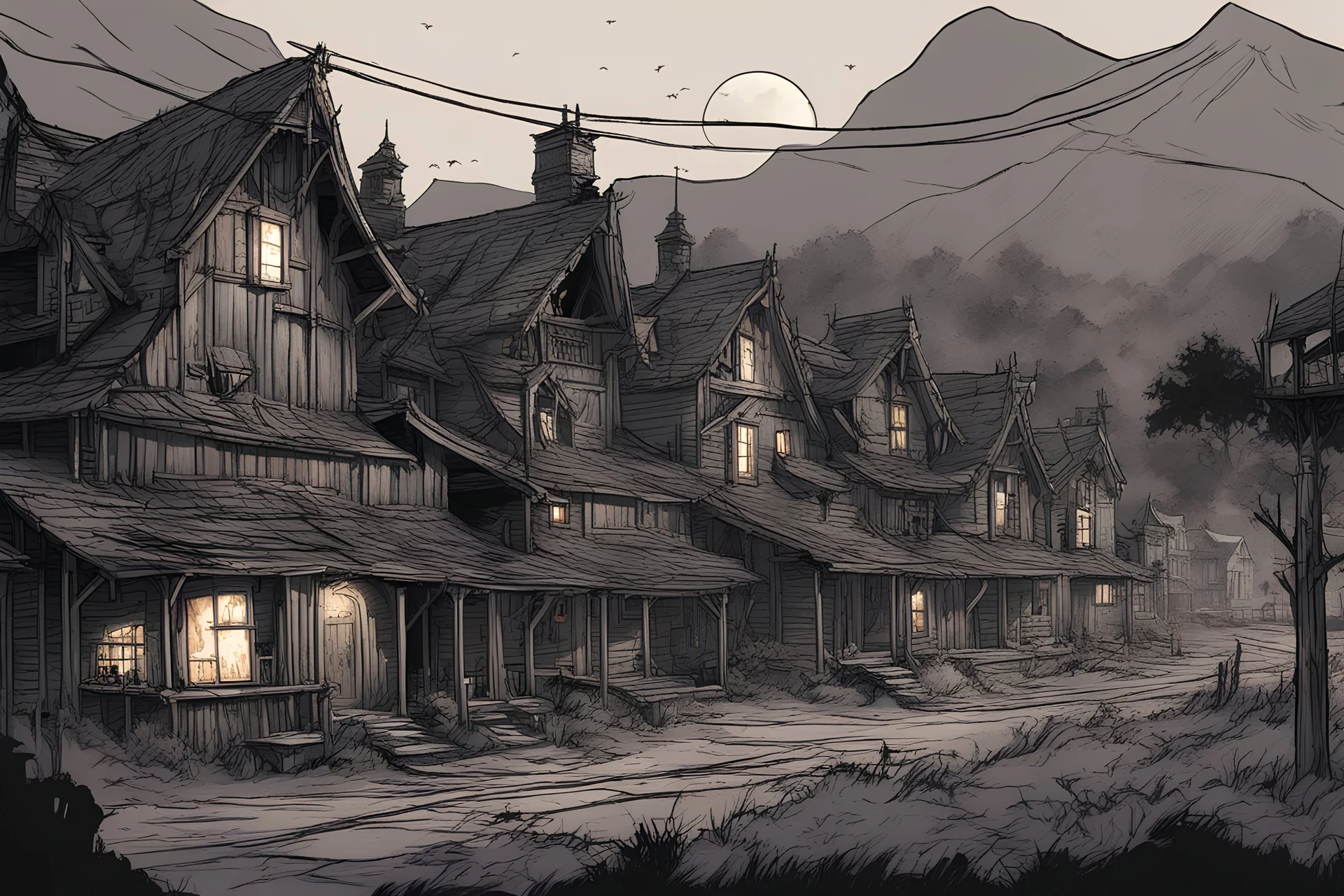 Side view, concept art, village of living dead at night, lots of detail