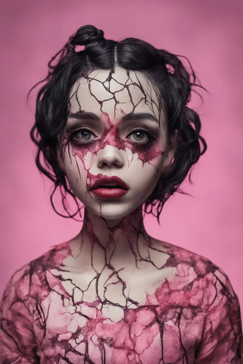 full color, illustration of a darkred and pink tones, menacing, Singer Melanie Martinez face, as a decayed, broken, skin turned translucent, black veins that extended like roots beneath her skin, latex suit, crude homemade cloth doll toy, with a narrow cracked porcelain face, thick dark eyebrows, hair in two gradually, made from ragged strips of cloth, in the style of Alex Pardee, Tim Burton, and Nadya Sheremet