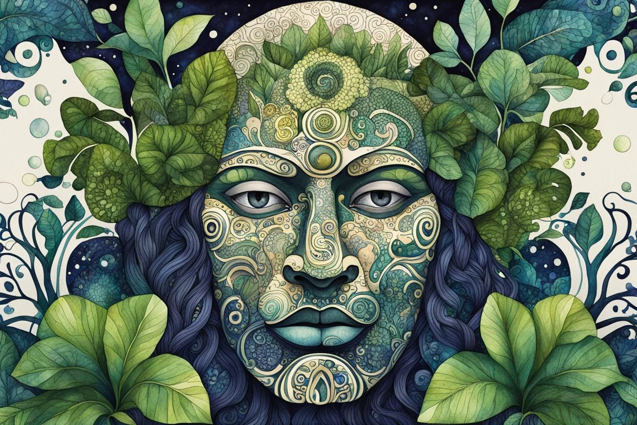 random watercolor Zentangle patterns in the styles of Gustav Klimt ,Wassily Kandinsky, Alphonse Mucha, and Kay Nielsen that depicts a colossal Olmec head , overgrown with the lush plant life of the Yucatan jungle, bathed in moonlight, with fine ink outlining