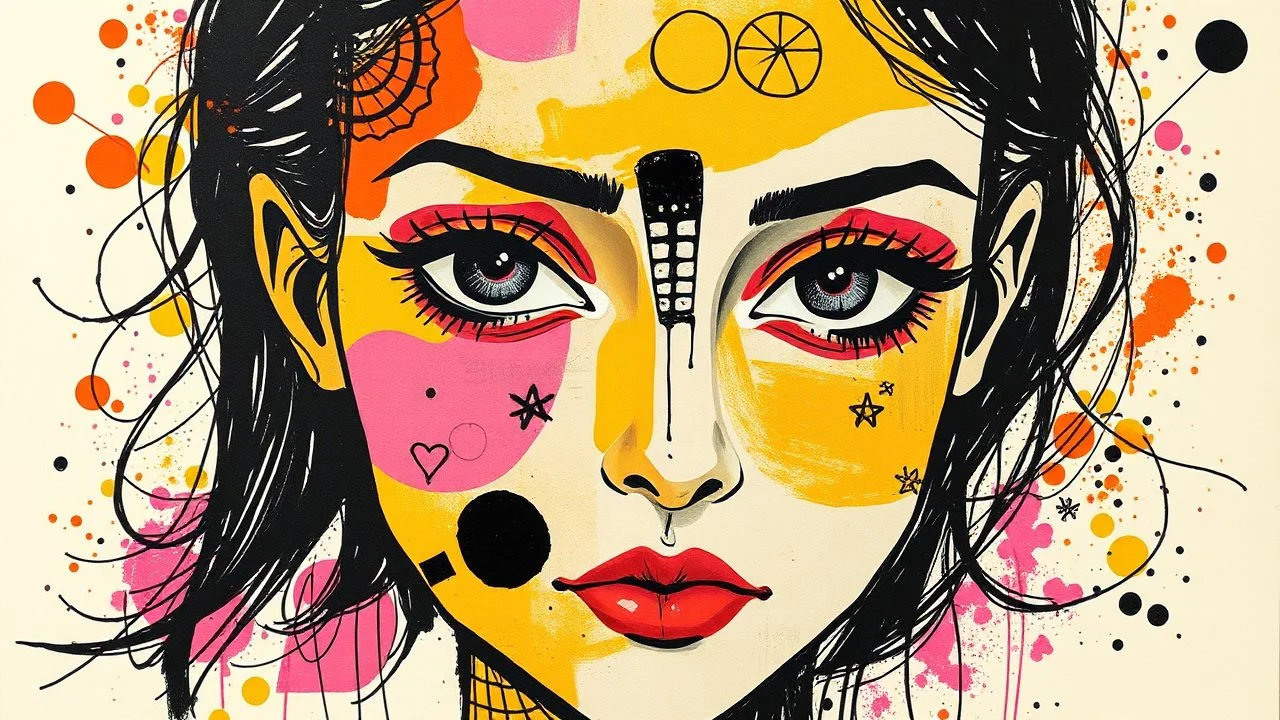 A mixed media collage featuring an abstract female figure with expressive eyes, adorned in vibrant patterns and symbols that evoke emotion., focus on face, isolated background, color splashes, scribbles, pen strokes, collage style, mixed media collage, scrapbook aesthetic, yellow-orange black purple pink white tones, vintage paper textures, hand drawn elements, playful use of shapes, bold shadows, whimsical atmosphere, textured brushstrokes, monochromatic palette, light pastel colors --ar 1:2 --