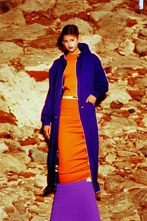 year 1996 fashion. Straight skirt, low waist. Combat hoodie with long tippet, which continues to the hood. Colors: denim blue, blue, purple, cream, khaki, "pastel green", lilac, plum, orange, terracotta, red, light yellow, pink, dark blue, beige. Latex in small part. Sturgeons vulgarism pattern prints.. Bridget Jones, Missy Elliot, Jennifer Lopez. Karjalainen kuvio, Karjala patterns tradiotional. Hat with a visor, integrated to AKG-style headphones.