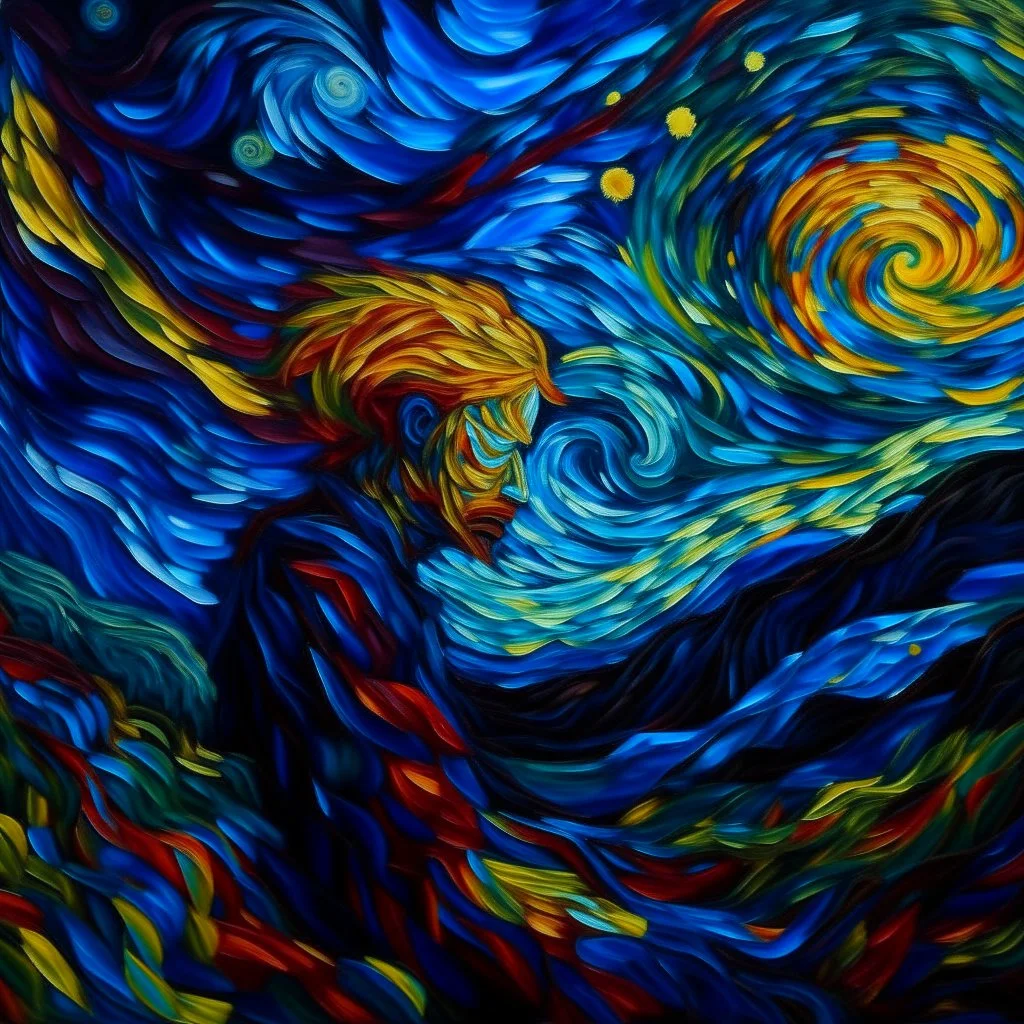 Dark and abstract depiction of a mental crisis, using oil painting style inspired by Vincent Van Gogh's "Starry Night", with chaotic brushstrokes and vibrant colors to convey the intensity of emotions. The central figure is a distorted self-portrait of the artist, surrounded by swirling clouds and ominous shadows.