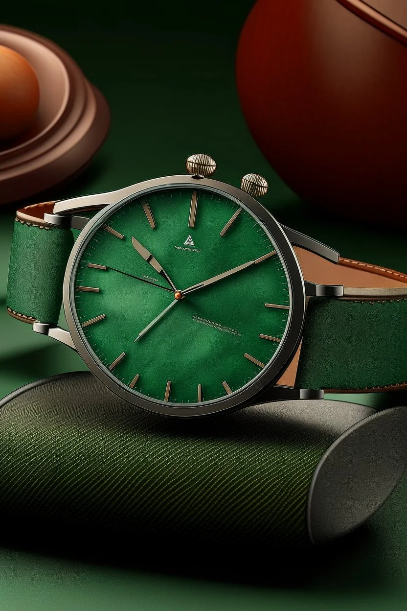 Design a realistic image that combines the timeless elegance of an aventurine dial watch with a vintage aesthetic. Incorporate classic elements in the background and styling to evoke a sense of nostalgia while maintaining a high level of realism.
