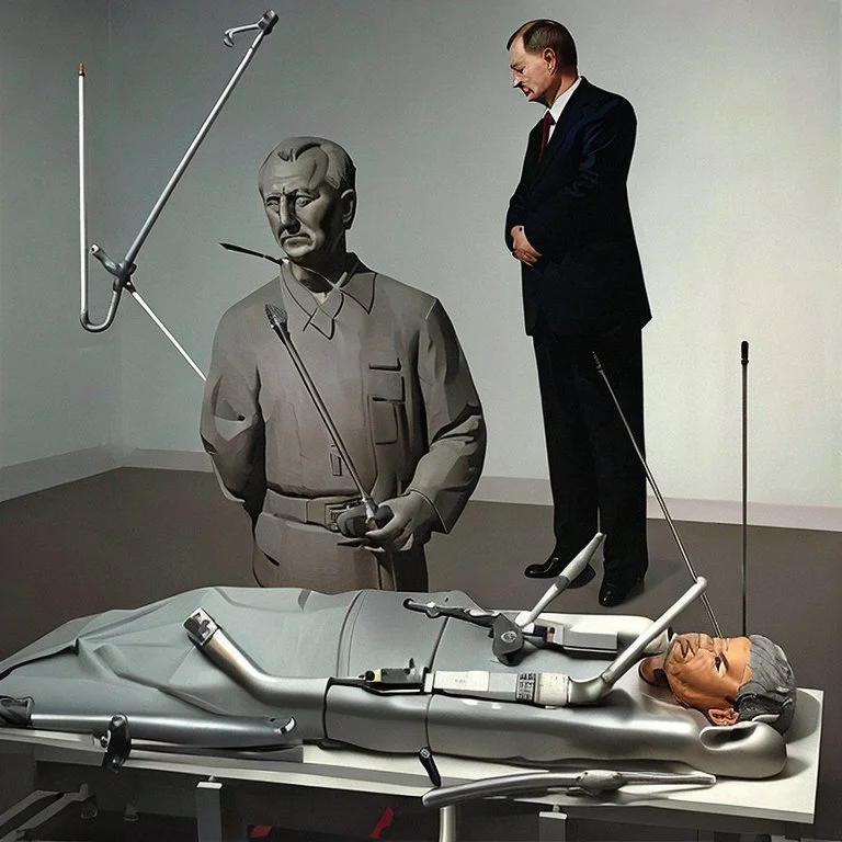 Putin Looking At A Statue Of Xi Jinping,complex surgical instruments,a sickle intermixed with a Axe, prosthetic legs,minimalism,Painting By Adrian Ghenie,Lucian Freud,Rene Magritte,Salvador Dali