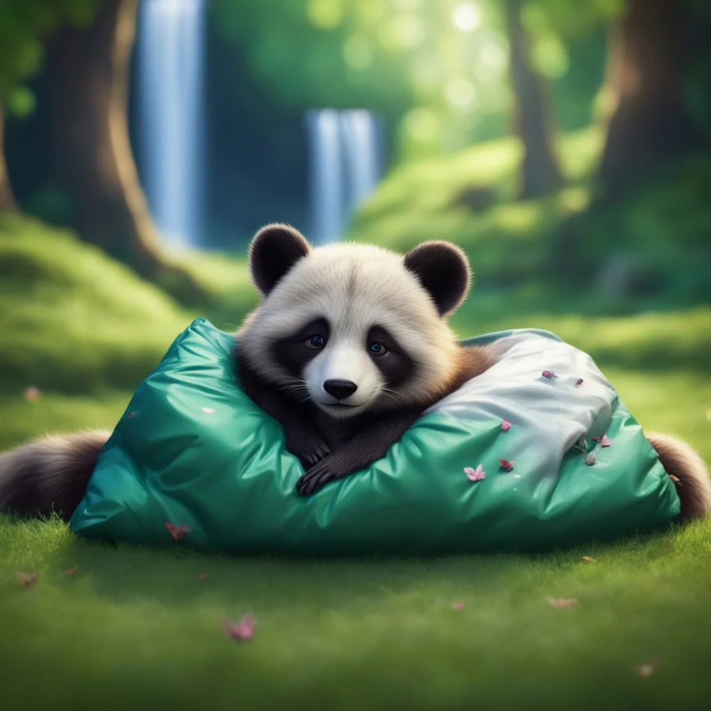 pen outline, waterfall, panda fox racoon in luxury sleeping bag on green lawn in magical forest ,bokeh like f/0.8, tilt-shift lens 8k, high detail, smooth render, down-light, unreal engine