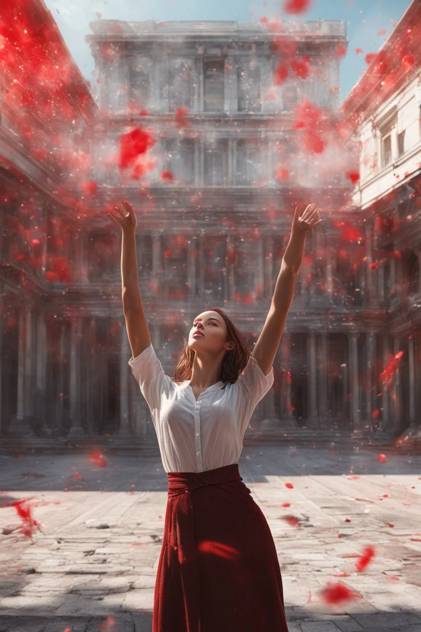 Photorealistic young woman standing, with arms raised, in front of a building at midday, with red auras around her